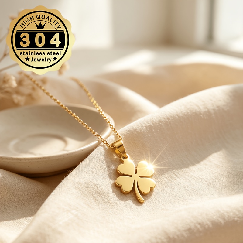 Women's Polished Four-leaf Clover Pendant Necklace, Stainless Steel